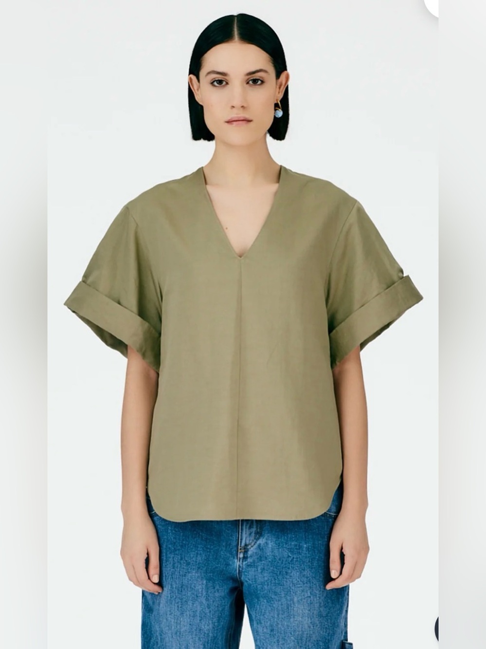 Tibi Cotten V-Neck Short Sleeve Top in Khaki Size 0/XS
